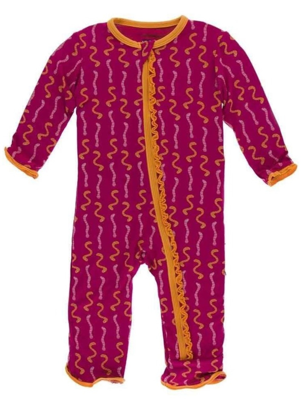 NWT Kickee Pants Bamboo Muffin Ruffle Coverall in Rhododendron Worms
